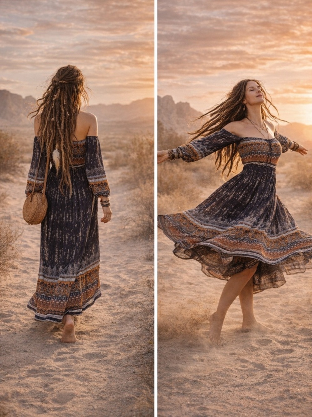 Miss Avenue Boho Off-Shoulder Maxi Dress Small | Southwestern Print Desert Vibes